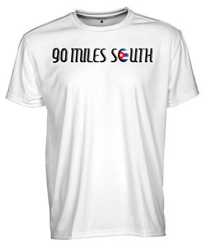 front view of white short sleeve shirt with 90 Miles South chest logo art