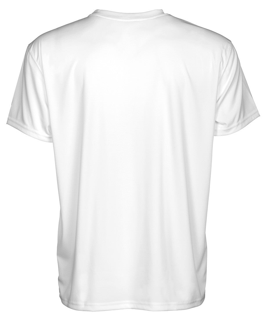 Front view of men's white short sleeve shirt with 90 Miles South logo and dominos line art