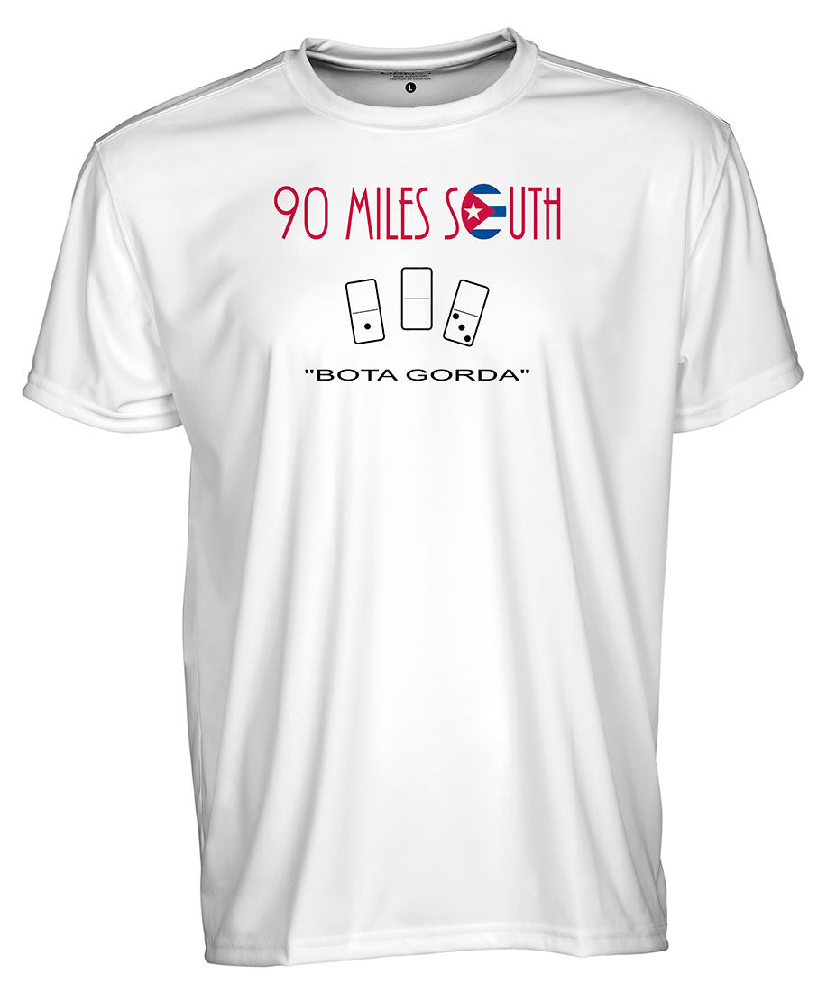 Front view of men's white short sleeve shirt with 90 Miles South logo and dominos line art