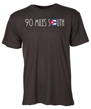 Front view of men's black short sleeve with white 90 Miles South Logo across chest