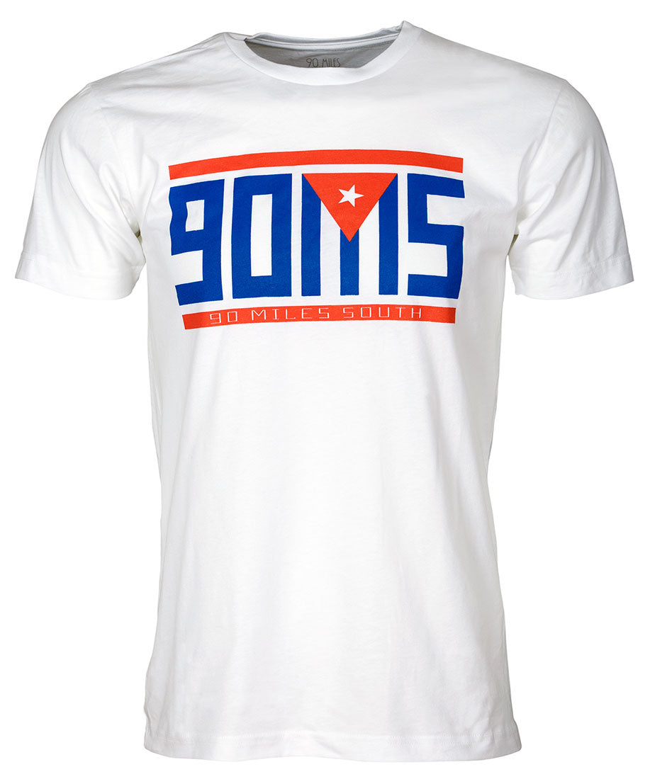 Front view of white 90 miles south camiseta shirt featuring 90MS graphic logo
