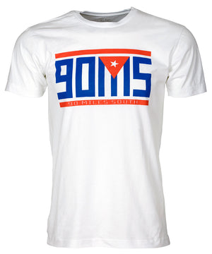 Front view of white 90 miles south camiseta shirt featuring 90MS graphic logo