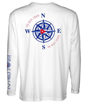 back view of white long sleeve shirt depicting blue compass rose artwork