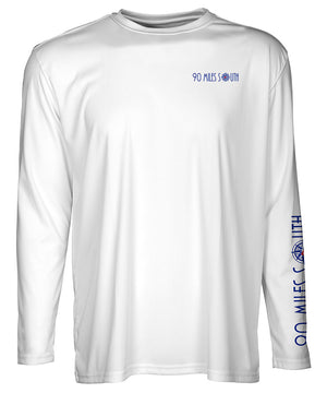 front view of white long sleeve shirt with chest logo and blue 90 Miles South copy on sleeve