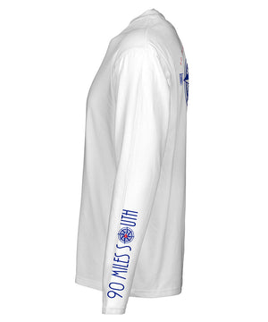 side view of white long sleeve shirt with blue 90 Miles South copy on sleeve