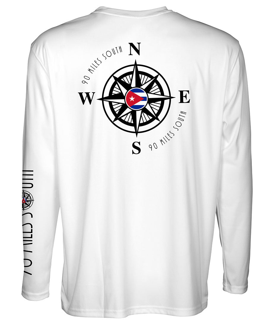 back view of white long sleeve shirt depicting black compass rose artwork