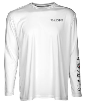 front view of white long sleeve shirt with chest logo and black 90 Miles South copy on sleeve