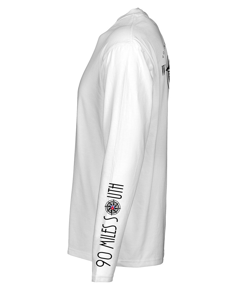 back view of white long sleeve shirt depicting black compass rose artwork