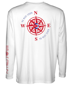 back view of white long sleeve shirt depicting red compass rose artwork