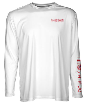front view of white long sleeve shirt with chest logo and red 90 Miles South copy on sleeve