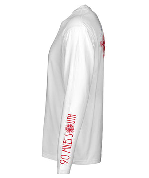 side view of white long sleeve shirt with red 90 Miles South copy on sleeve