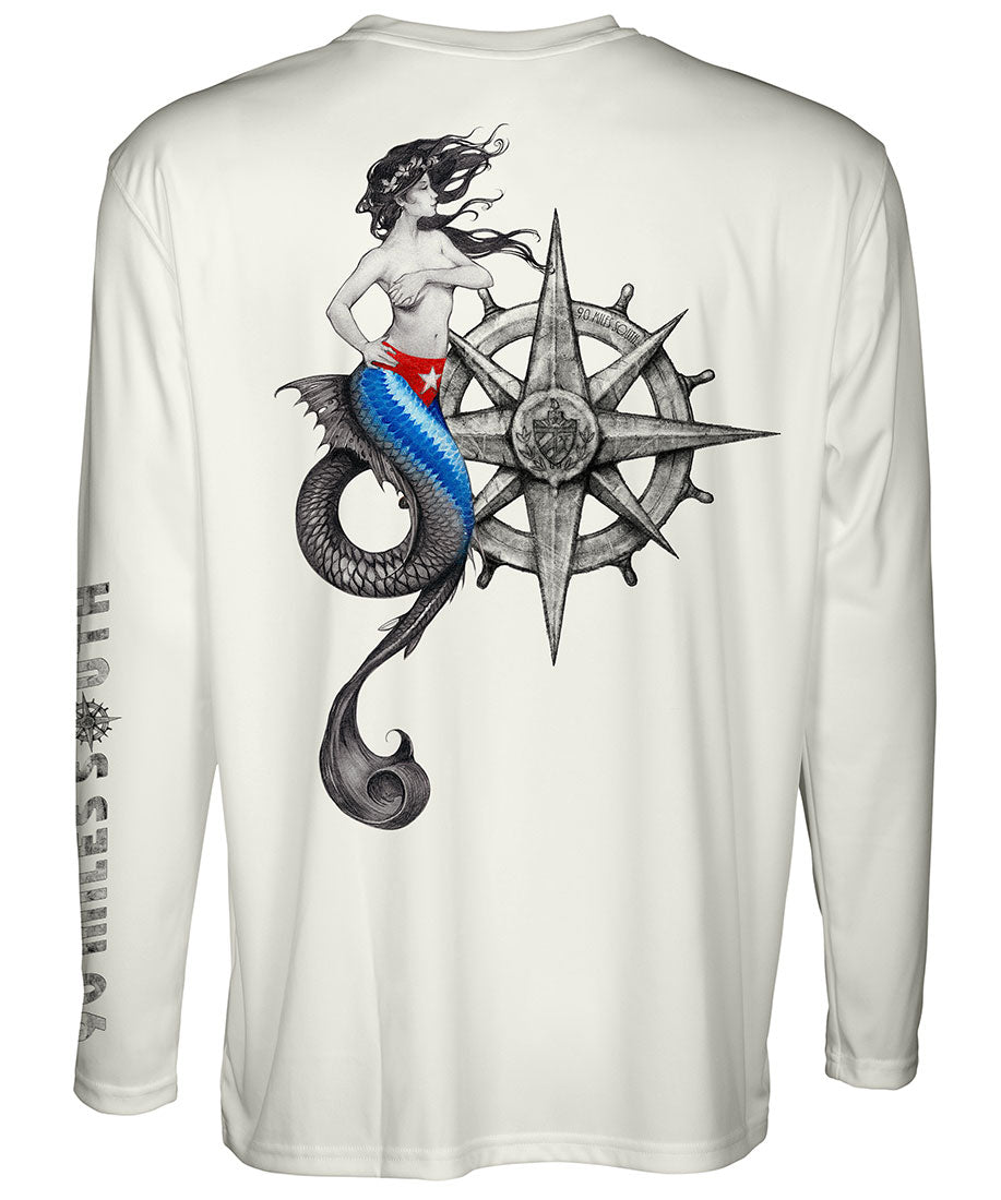 Cuban T-Shirt | La Sirena - back view of light tan long sleeve performance shirt depicting beautiful mermaid with Cuban flag colors and a boat helm art
