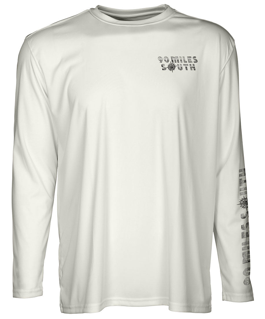 Cuban T-Shirt | La Sirena - back view of light tan long sleeve performance shirt depicting beautiful mermaid with Cuban flag colors and a boat helm art