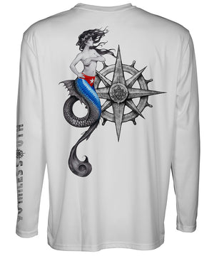 Cuban T-Shirt | La Sirena - back view of light grey long sleeve performance shirt depicting beautiful mermaid with Cuban flag colors and a boat helm art