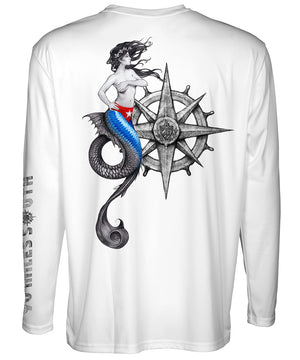 Cuban T-Shirt | La Sirena - back view of white long sleeve performance shirt depicting beautiful mermaid with Cuban flag colors and a boat helm art