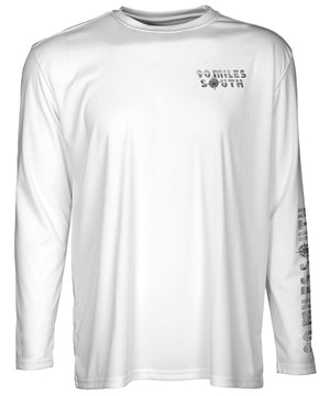 front view of a white long sleeve performance T-Shirt shirt with a left chest 90 miles south Island Logo and left sleeve logo