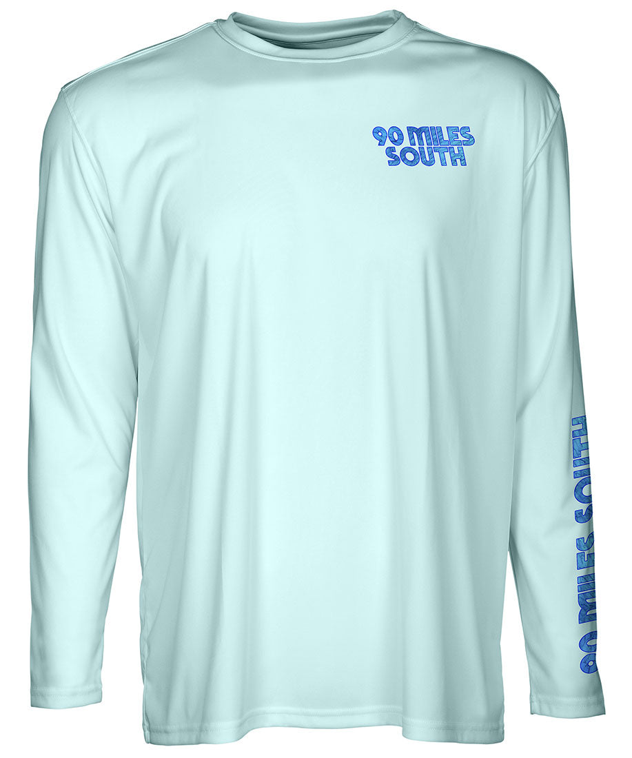 back view of light blue long sleeve performance shirt depicting a blue marlin and the face of an old man from Ernest Hemingway’s Old Man and the Sea Novel