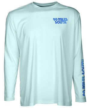 front view of a light blue long sleeve performance T-Shirt shirt with a left chest 90 miles Logo and left sleeve logo