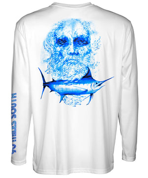 back view of white long sleeve performance shirt depicting a blue marlin and the face of an old man from Ernest Hemingway’s Old Man and the Sea Novel