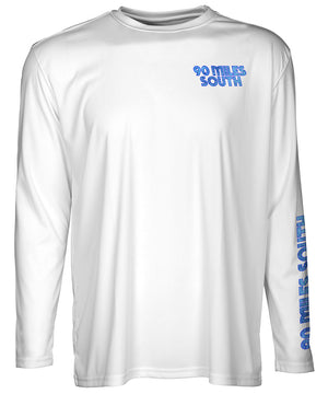 front view of a white long sleeve performance T-Shirt shirt with a left chest 90 miles Logo and left sleeve logo