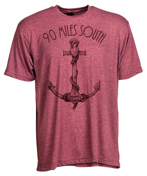 Front view of short sleeve burgundy tee shirt with dark burgundy artwork of 90 Miles South Anchor
