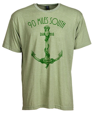 Front view of short sleeve heather green tee shirt with dark green artwork of 90 Miles South Anchor