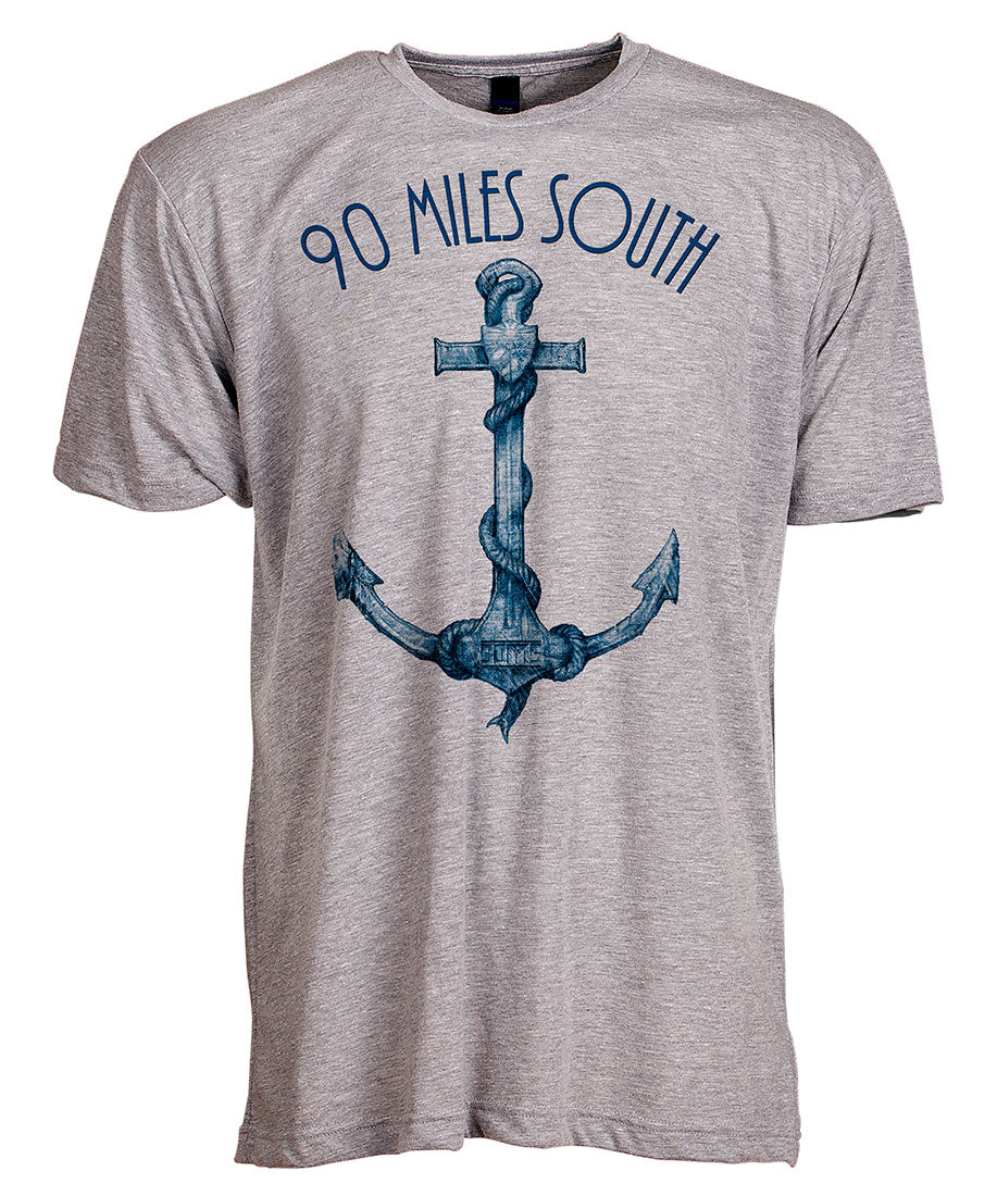 Front view of short sleeve heather grey tee shirt with dark blue artwork of 90 Miles South Anchor