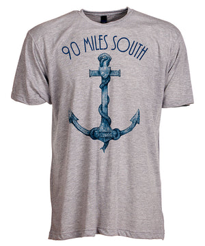 Front view of short sleeve heather grey tee shirt with dark blue artwork of 90 Miles South Anchor