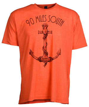 Front view of short sleeve heather orange tee shirt with black artwork of 90 Miles South Anchor