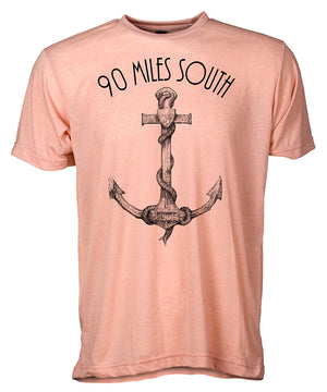 Front view of short sleeve heather peach tee shirt with black artwork of 90 Miles South Anchor
