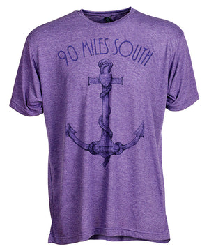 Front view of short sleeve heather purple tee shirt with dark purple artwork of 90 Miles South Anchor
