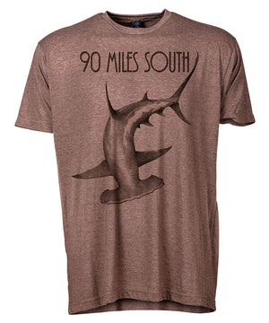 Front view of short sleeve heather brown tee shirt with dark brown artwork of 90 Miles South Hammerhead Shark