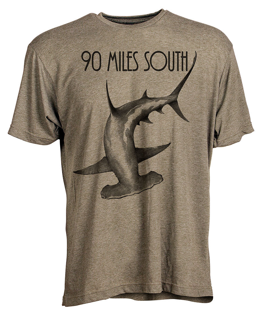 Front view of short sleeve military green tee shirt with black artwork of 90 Miles South Hammerhead Shark