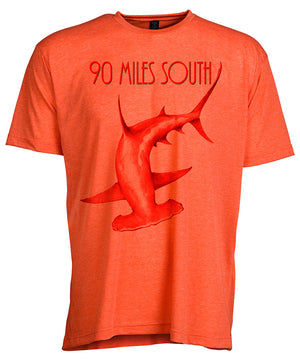 Front view of short sleeve heather orange tee shirt with dark orange artwork of 90 Miles South Hammerhead Shark