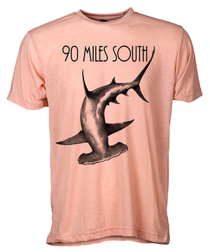 Front view of short sleeve heather peach tee shirt with black artwork of 90 Miles South Hammerhead Shark