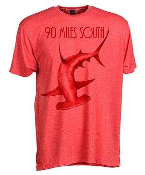 Front view of short sleeve heather red tee shirt with dark red artwork of 90 Miles South Hammerhead Shark