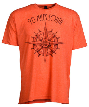 Front view of short sleeve heather orange tee shirt with black artwork of 90 Miles South compass