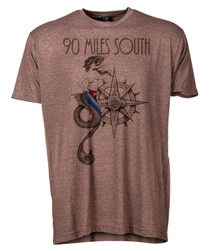 Front view of short sleeve heather brown tee shirt with dark brown artwork of 90 Miles South Mermaid