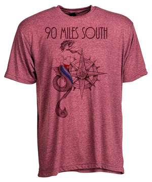 Front view of short sleeve heather burgundy tee shirt with dark burgundy artwork of 90 Miles South Mermaid
