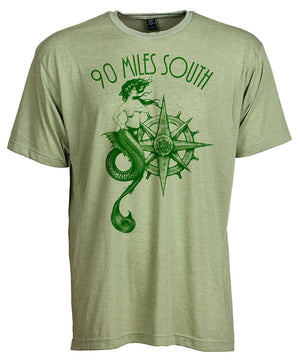 Front view of short sleeve heather green tee shirt with dark green artwork of 90 Miles South Mermaid