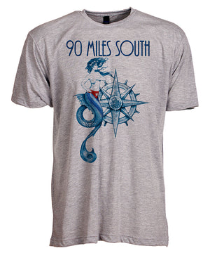 Front view of short sleeve heather grey tee shirt with blue artwork of 90 Miles South Mermaid