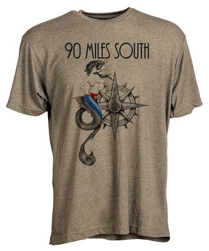 Front view of short sleeve military green tee shirt with black artwork of 90 Miles South Mermaid