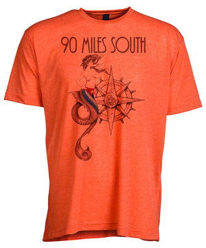Front view of short sleeve heather orange tee shirt with black artwork of 90 Miles South Mermaid
