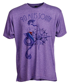 Front view of short sleeve heather purple tee shirt with dark purple artwork of 90 Miles South Mermaid
