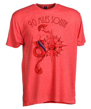 Front view of short sleeve heather red tee shirt with dark red artwork of 90 Miles South Mermaid