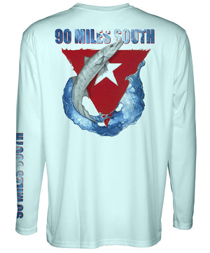 Cuban T Shirt | 90MS Barracuda - back view of light blue long sleeve performance shirt depicting a barracuda and red triangle from the Cuban flag