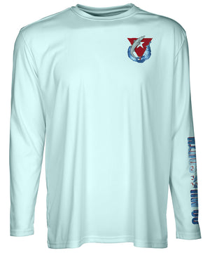 front view of a light blue long sleeve performance T-Shirt shirt with a left chest barracuda and red triangle Logo and left sleeve logo