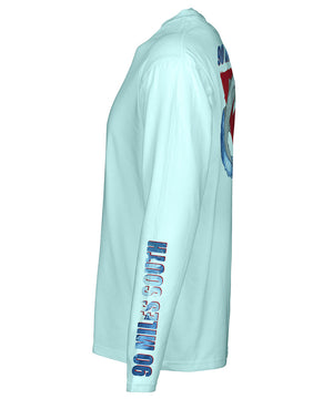 side view of a light blue long sleeve performance t-shirt featuring 90 miles south sleeve logo