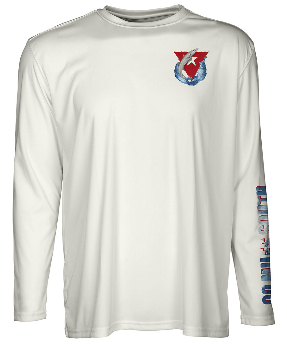 Cuban T Shirt | 90MS Barracuda - back view of light tan long sleeve performance shirt depicting a barracuda and red triangle from the Cuban flag