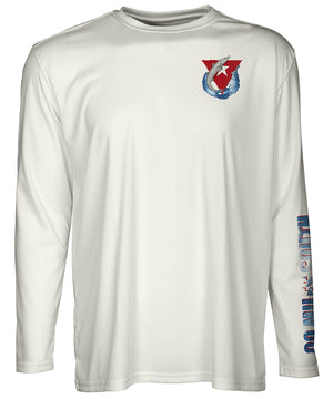 front view of a light tan long sleeve performance T-Shirt shirt with a left chest barracuda and red triangle Logo and left sleeve logo